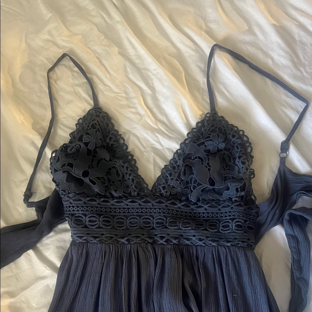 Dark powder blue crochet top maxi dress